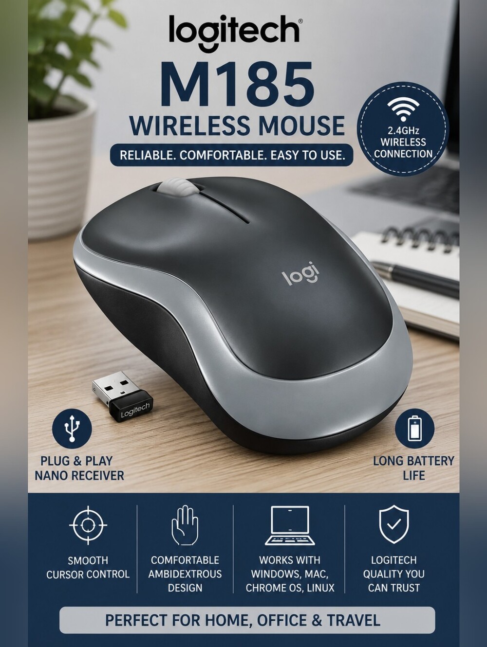 Logitech M185 Gray Wireless Mouse USB Nano Receiver Portable PC Laptop